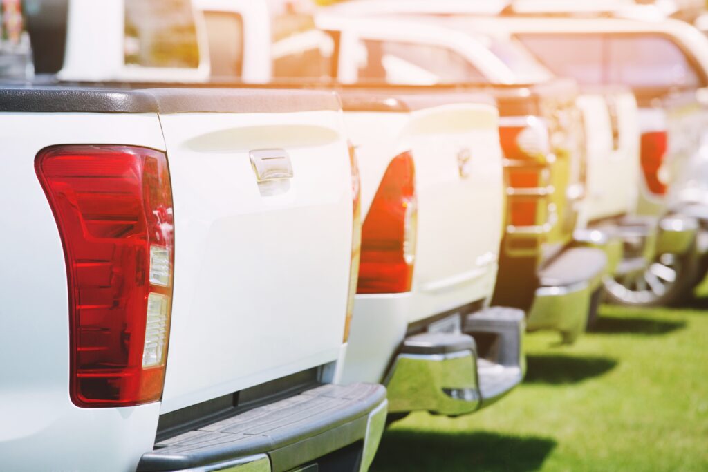 Lineup of used trucks at a car dealership.