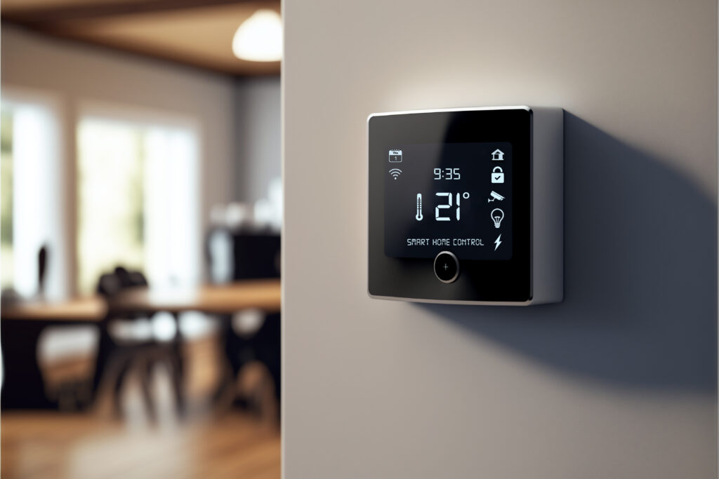 Smart Home control system on the wall. Thermostat for temperature adjustments.