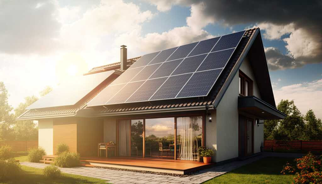 House with solar panels on the roof.